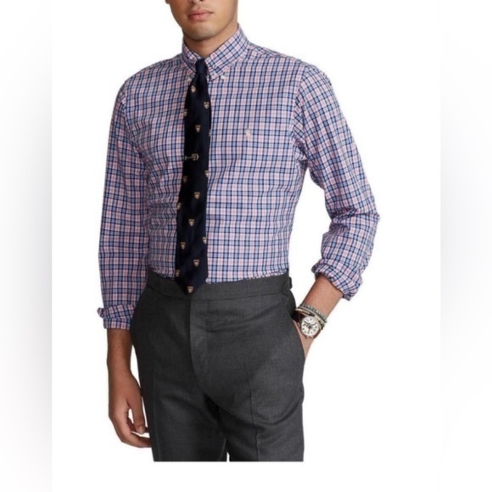 Ralph Lauren pink blue plaid cotton collard embroidered logo blue label shirt L
